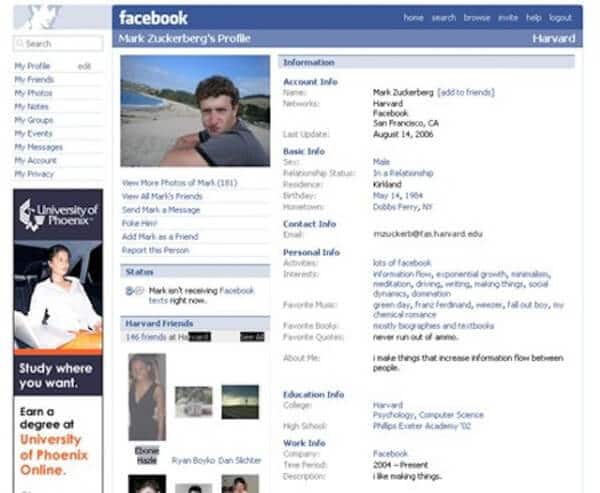 Facebook in the 2004. Profile info